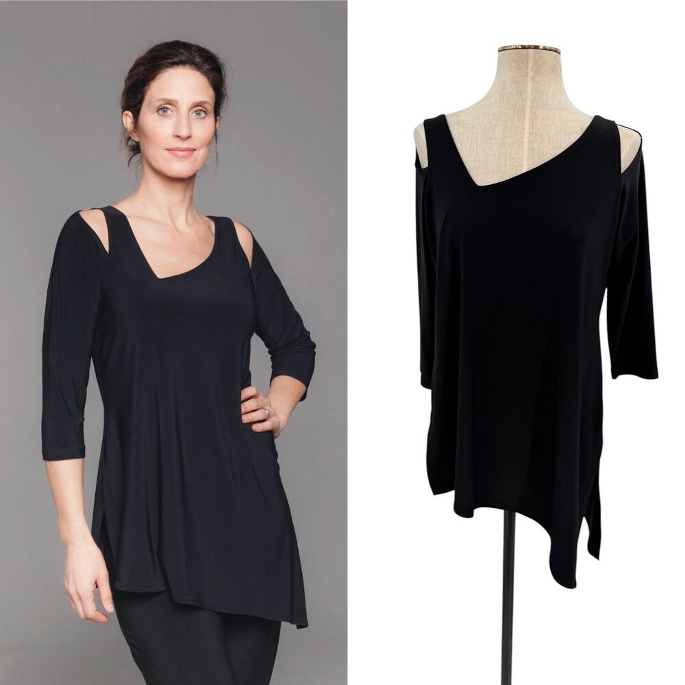 Sympli Focus Tunic Black Cold Shoulder Asymmetrical Stretch Top Size 8